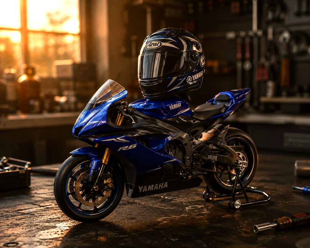 A rider's helmet resting on a Yamaha YZF-R6 diecast model motorcycle on a garage workbench, soft warm evening light through a window, cinematic mood, shallow depth of field, photorealistic