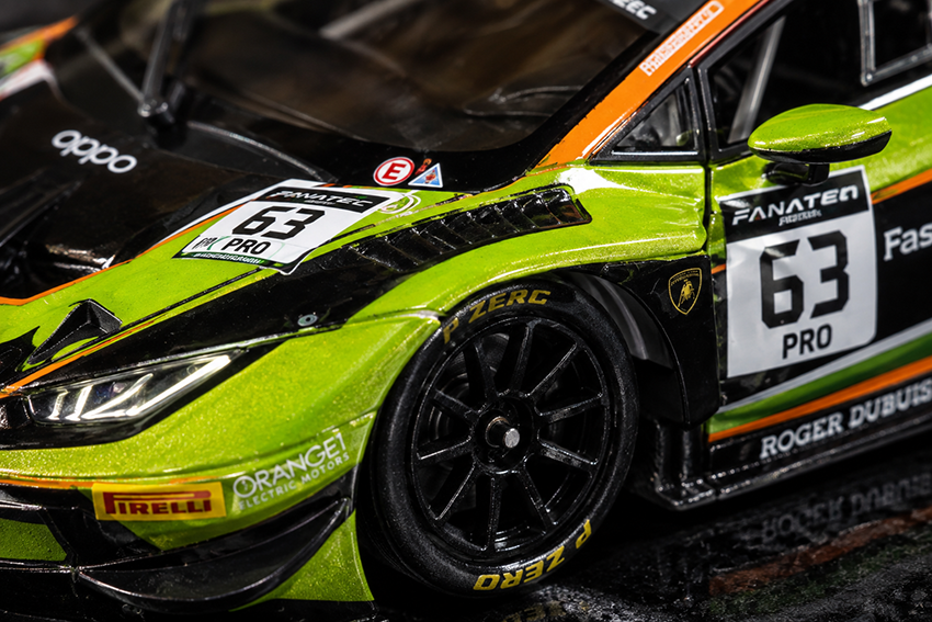 Close-up detail of MiniGT Lamborghini Huracán GT3 EVO diecast livery
