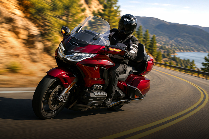 Honda Gold Wing GL1800 cornering on the highway at speed.