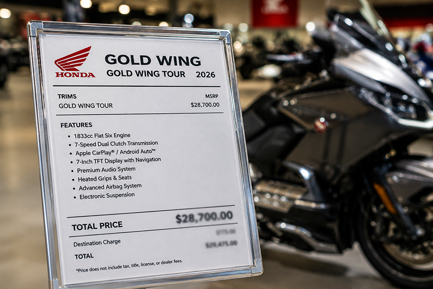 Honda Gold Wing GL1800 price sticker at a Honda dealership.