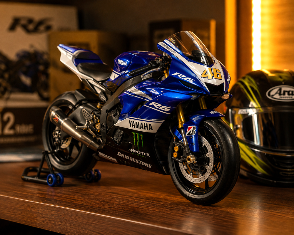 A detailed 1:12 scale diecast metal Yamaha YZF-R6 racing motorcycle model, alloy body with factory racing livery, placed on a dark wooden desk shelf next to a helmet, warm ambient lighting, product photography, high detail